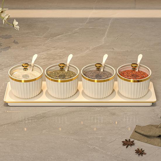 Spice Jars Independent Condiment Containers Transparent Acrylic Jars with Spoons Tray BPA-Free Plastic