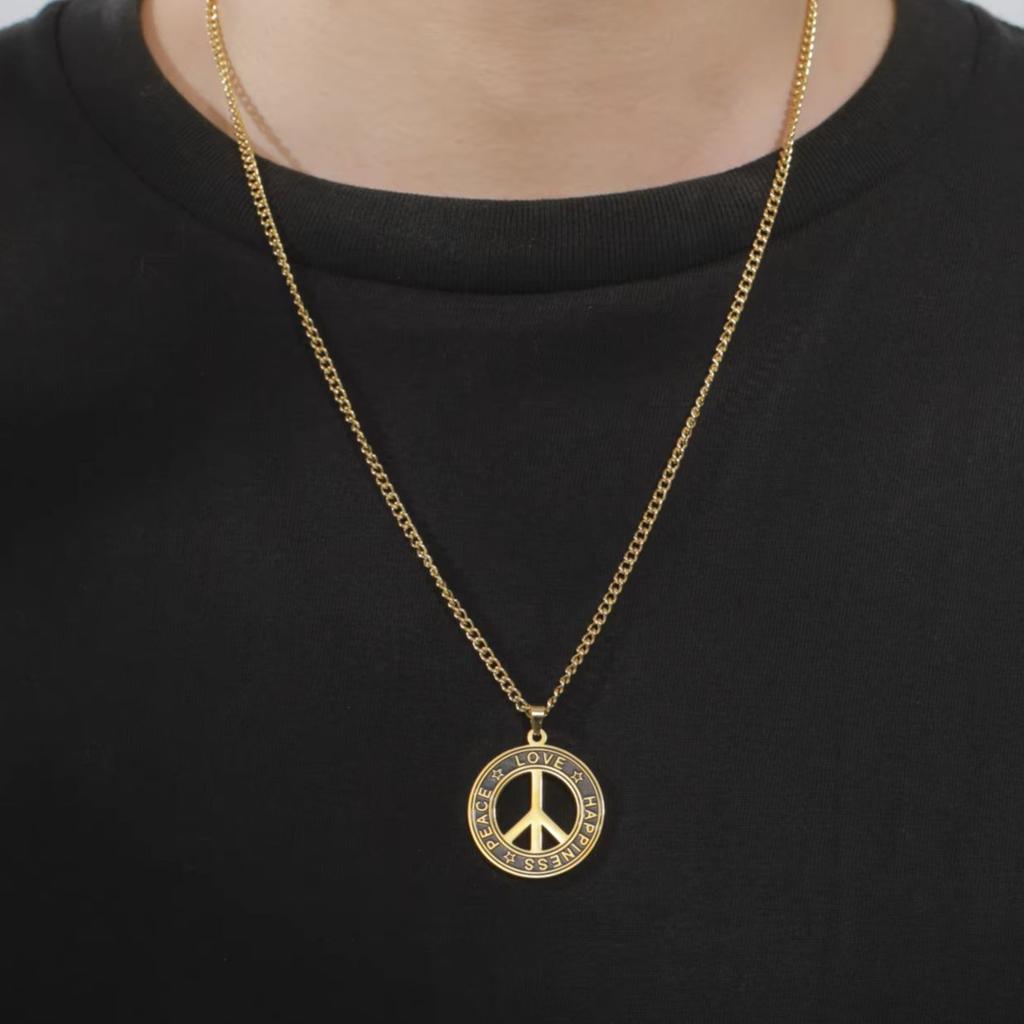 My Shape Round Peace Sign Symbol Pendant Necklace Stainless Steel Charm Choker Wax Cord Link Chain for Women Men Jewelry Gifts