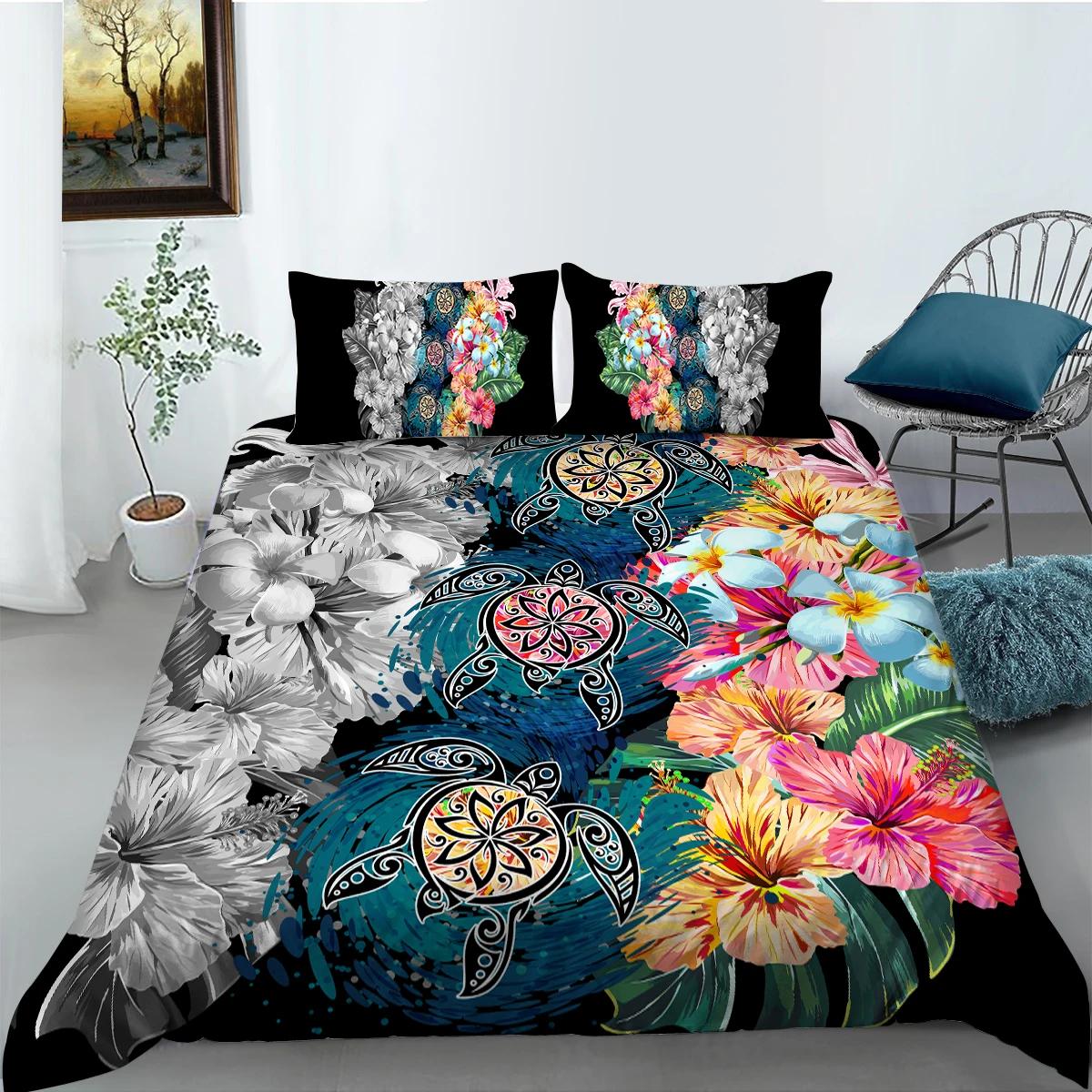 

Comforter Exotic Sea Turtle Bohemian Floral Ocean Animal Bedding Set Microfiber Tortoise Comforter Single Queen Size Comforter (quilt)-EU Single(135*200cm)3pcs