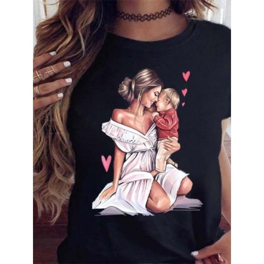 Maycaur Women T Shirt Cartoon Mom Daughter Son Print Lady T-shirts Short Sleeve Tops Women's Kawaii Graphic Female Tshirt Clothe