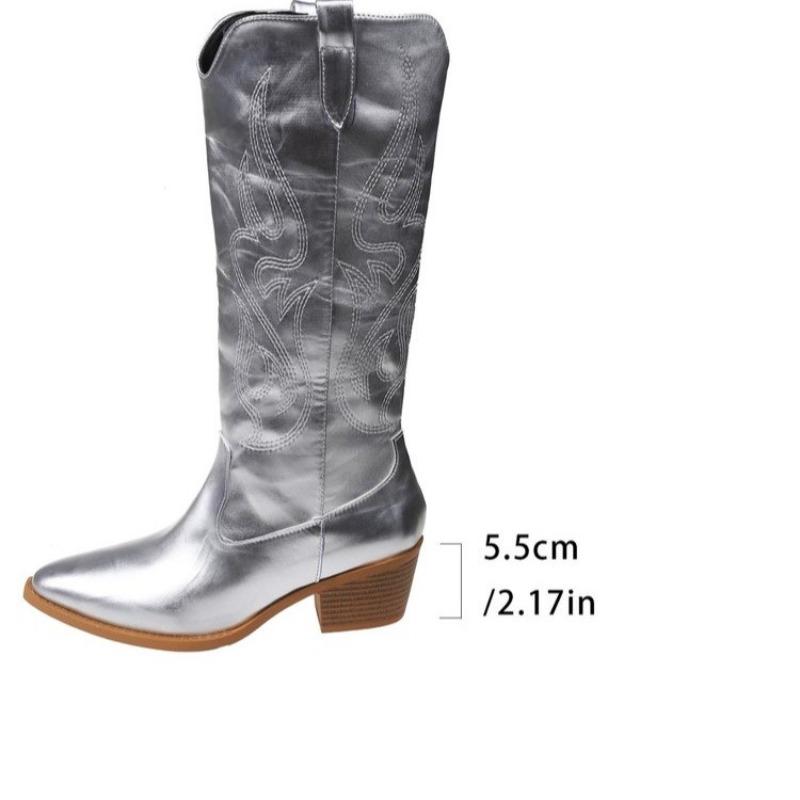 Fashion Temperament High Boots Women's Autumn Fashion Pointed Toe Embroidered Block Heel Sleeve Non-slip Knight Boots