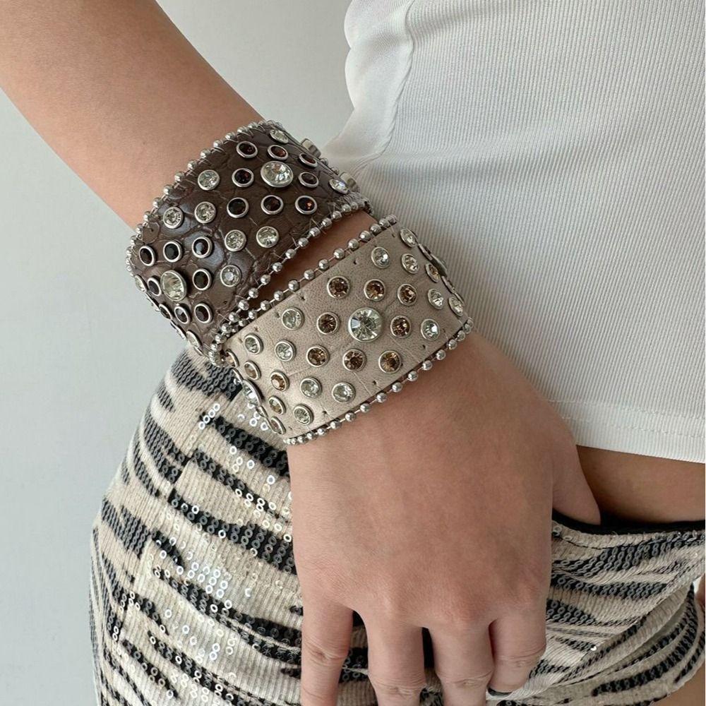 Spicy Girl Rhinestone Bracelet Adjustable Hip-Hop Bangle Jewelry Pu Leather Bracelet  Party