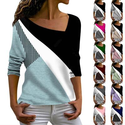 Damen T-Shirt mit V-Ausschnitt und langen Ärmeln, lockeres T-Shirt mit Retro-Aufdruck