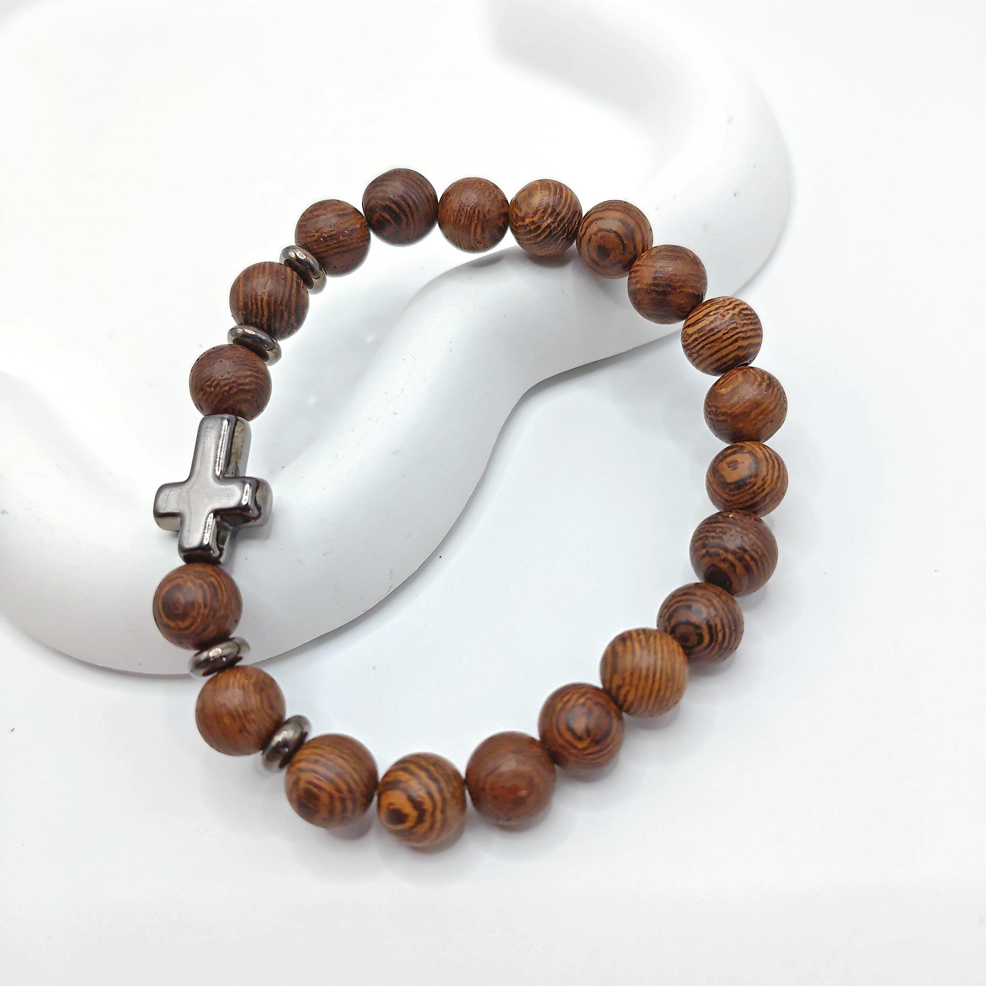 Мужской браслет из сандалового дерева с крестом и бусинами, горячая распродажа