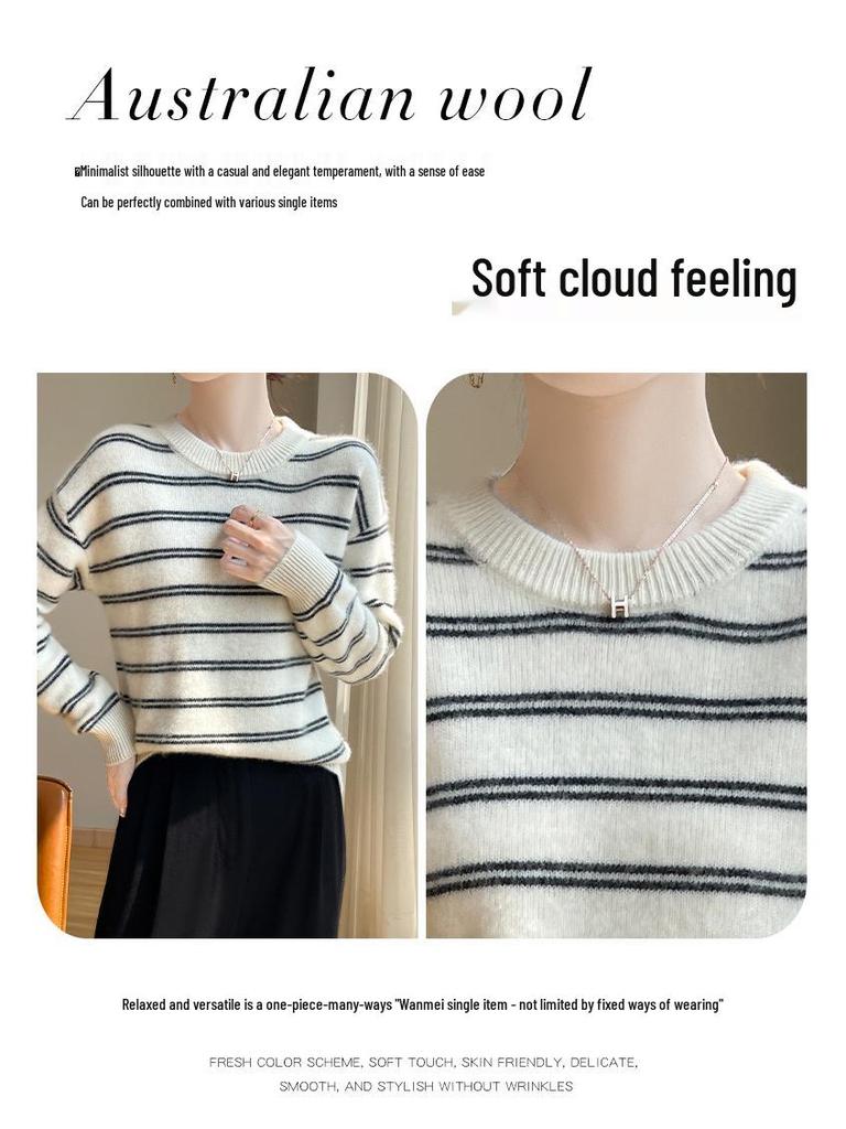 Women's Striped Pure Wool Round Neck Sweater, Autumn/Winter Collection, Seven-Gauge, Loose Fit, Thick Knitted Long Sleeve Pullover.