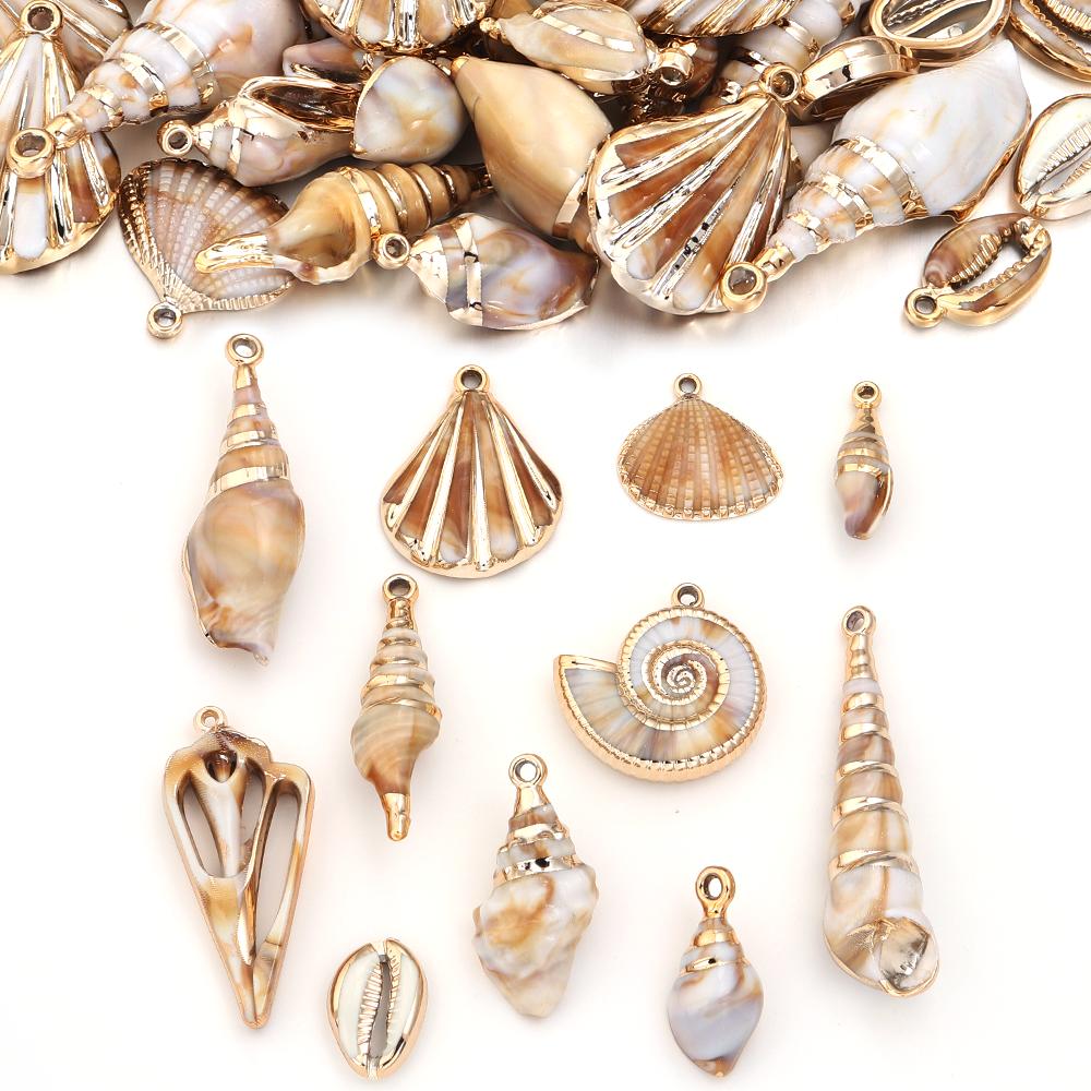 5-10pcs/lot Shell Shaped Acrylic Pendant Gold Plated Conch Scallop Charms Beads For DIY Fashion Keychain Necklace Accessories