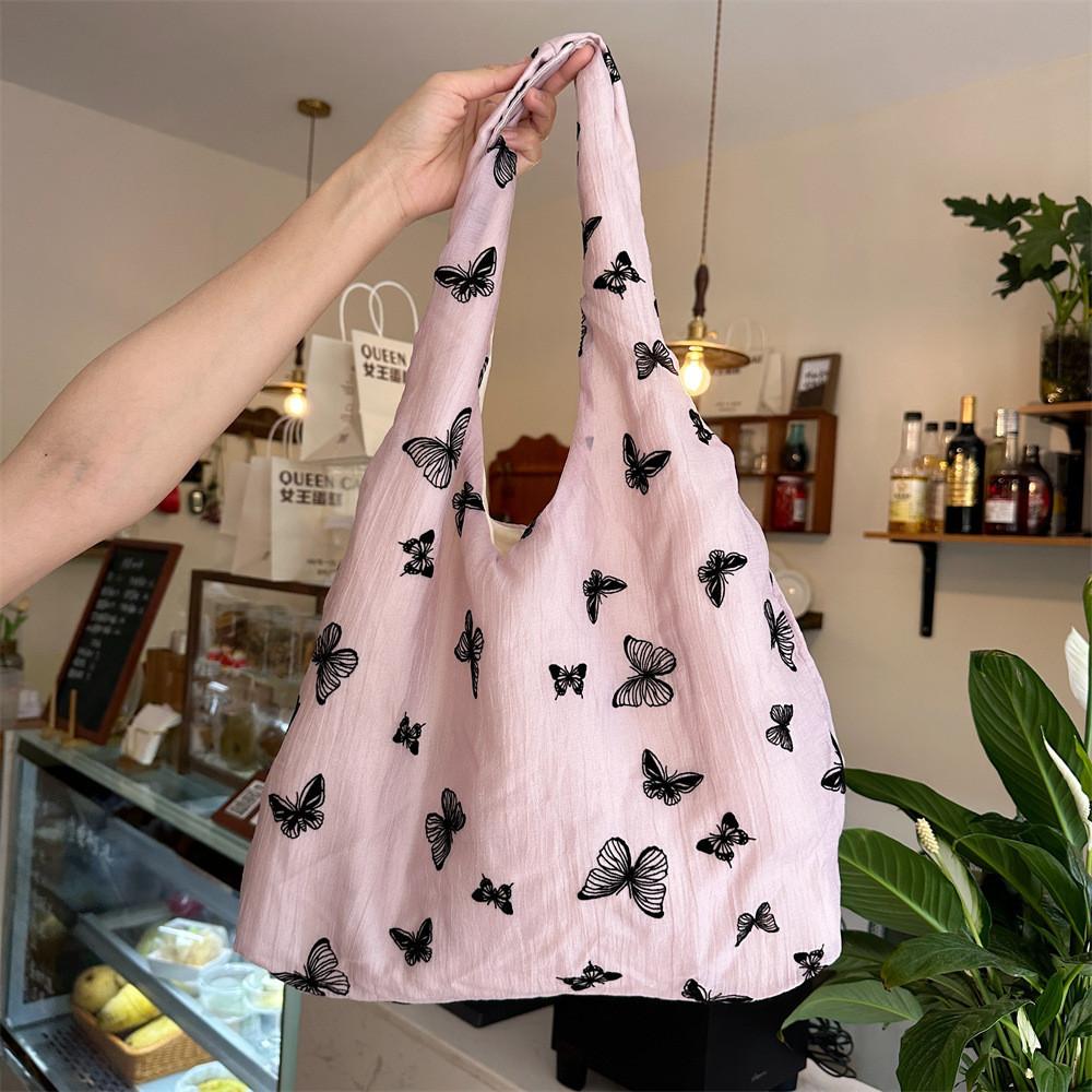Trendy Lace Butterfly Canvas Tote Bag For Women With Large Capacity For Daily Use