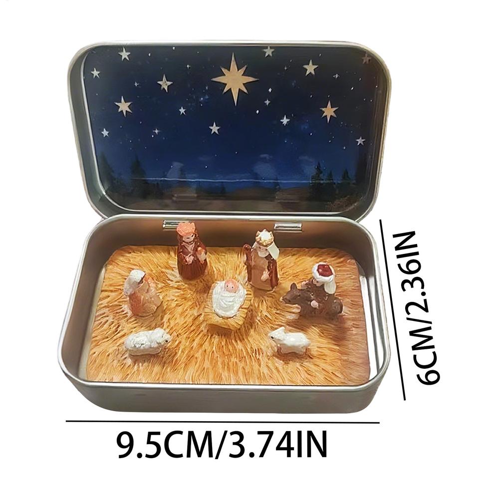 Mini Christmas Nativity Set Portable Manger Scene Figurines Metal Tin Box Pocket Sized Holy Family Decoration for Home Tabletop