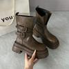 Vintage Platform Thick Heel Women Knight Boots Fashion Belt Buckle Height Increase Shoes Winter Punk Style Women'S Short Booties