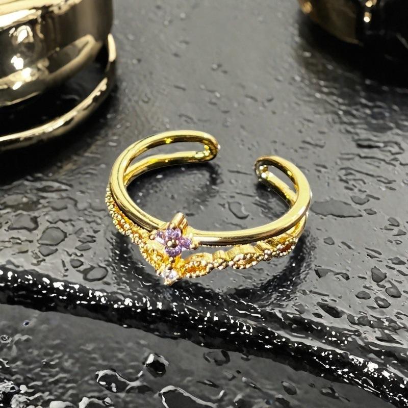 Micro-Inlaid Colored Zircon Round Dripping Oil Eye Opening Ring Four-Leaf Clover Niche Light Luxury High-End Accessories Adjustable opening