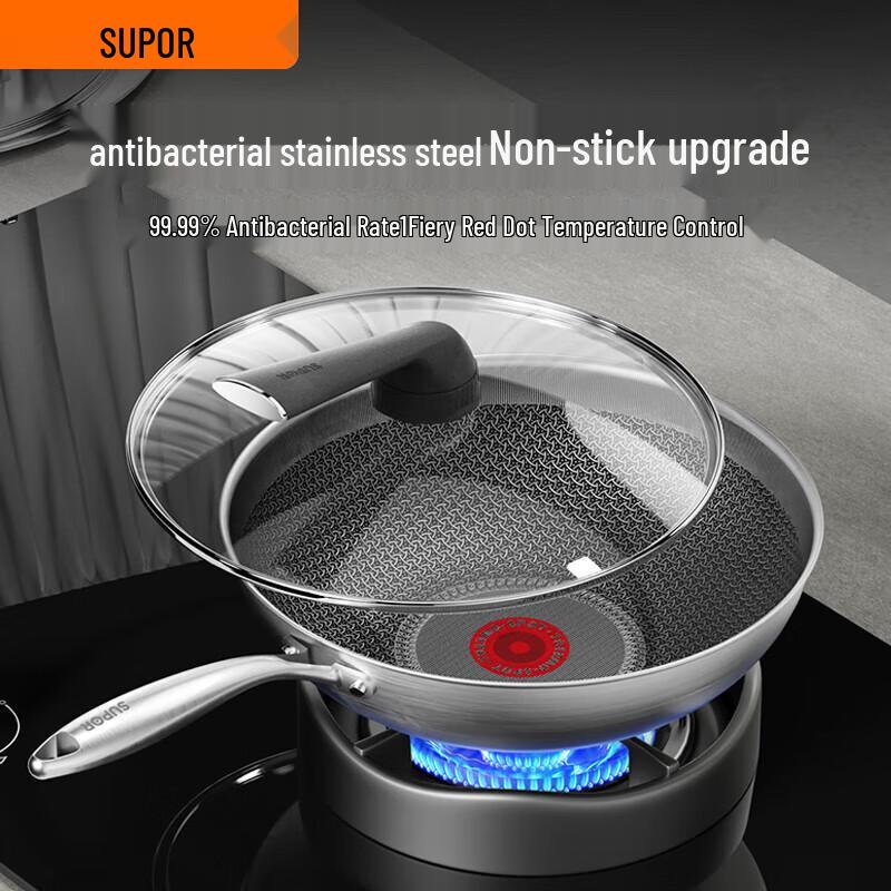SUPOR Fire Red Dot Antibacterial Stainless Steel Wok