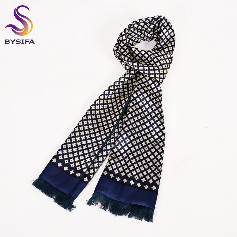 [BYSIFA] Winter Men Warm Scarves Thicken Fashion Luxury 100% Silk Male Business Long Scarf Cravat Navy Blue Neck Scarf 165*24cm