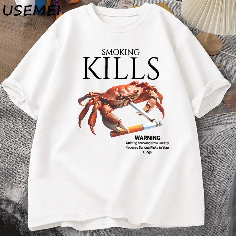 Smoking Kills Crab T Shirts Unhinged Weirdcore TShirt Weird Graphic Tee Harajuku Cotton Short Sleeve Tshirt Unisexs Clothing