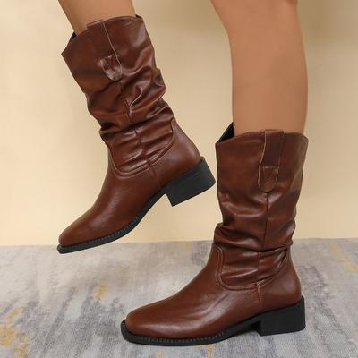 Women's Retro Mid-Calf Western Cowboy Boots, Pointed Toe Slouchy Martin Boots, Fall Winter Footwear
