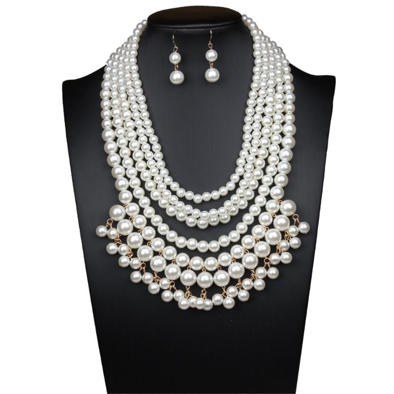 Simulated Pearls Necklace with Earrings Set Exaggerated Pearls Necklaces Present for Women Suitable for Any Occasion