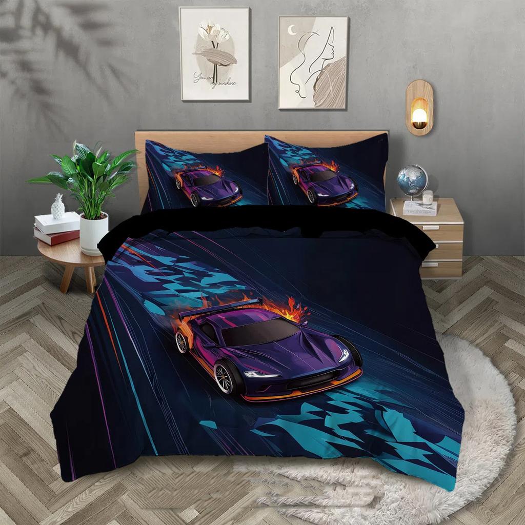 3D HD Racing Car Bedding Set Luxury Sports Car Pattern Duvet Cover Room Decorations for Young Children and Adults Single Double