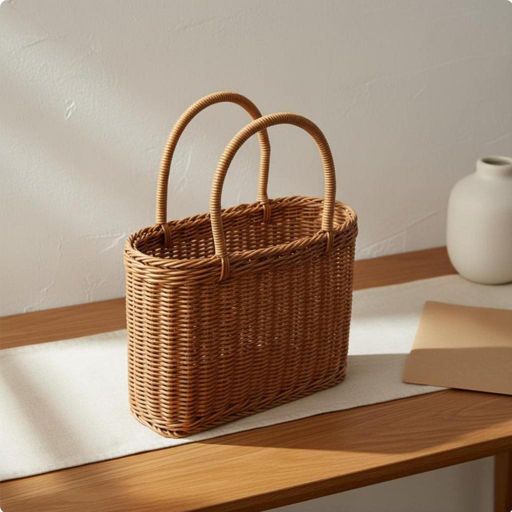 Handled Flower Arrangement Basket Versatile Faux Rattan Tote for DIY Crafters, Gardening,
