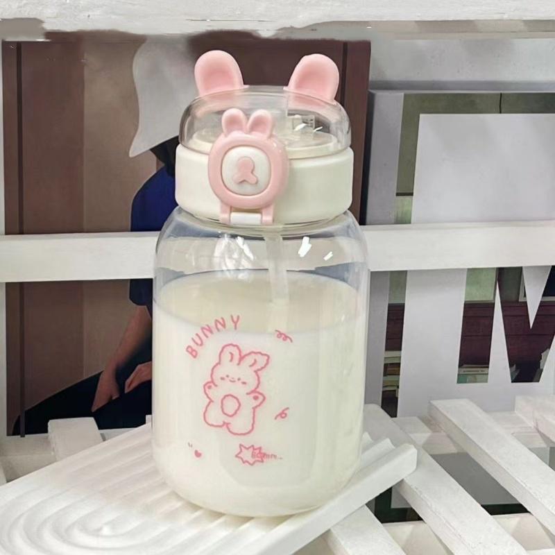 Sticla de apă de iepure Kawaii de 500 ml, drăguț portabil, ceașcă de băut în formă de ureche cu paie și capac Vase de vară pentru camping în aer liber