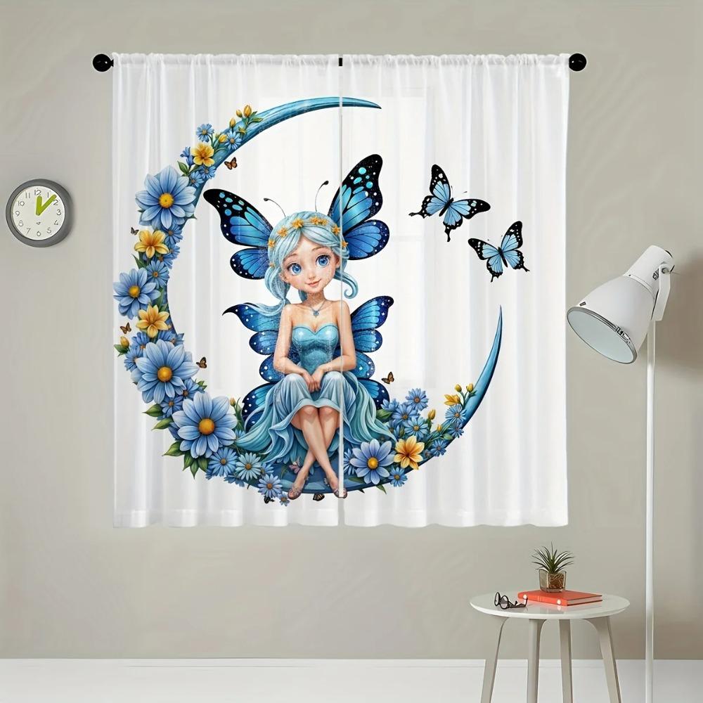 2-Piece Enchanted Forest Fairy Butterfly Transparent Curtains Rod Pocket Design For Living Room Bed Chamber WindowDecor Machine Washable