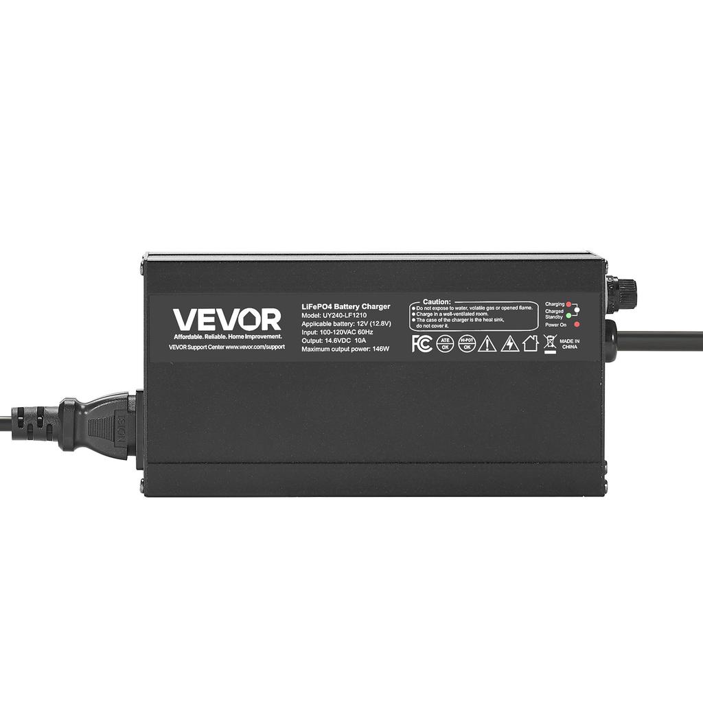 VEVOR 12V 10A Lithium Battery Charger, 14.6V, AC-DC LiFePO4 Smart Charger, with Anderson Connector, LED Indicator, 0V Activation
