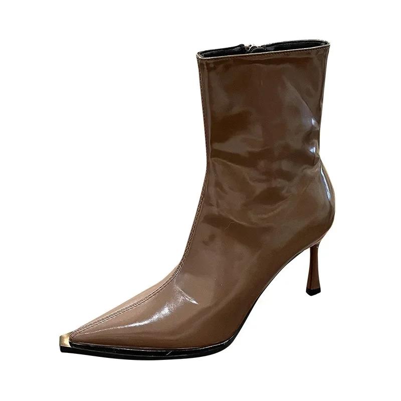 Fashion Women Thin High Heels Short Boots 2025 New Fashion Pointed Ankle Boots Ladies Autumn Winter Leather Side Zipper Sexy Party Pumps