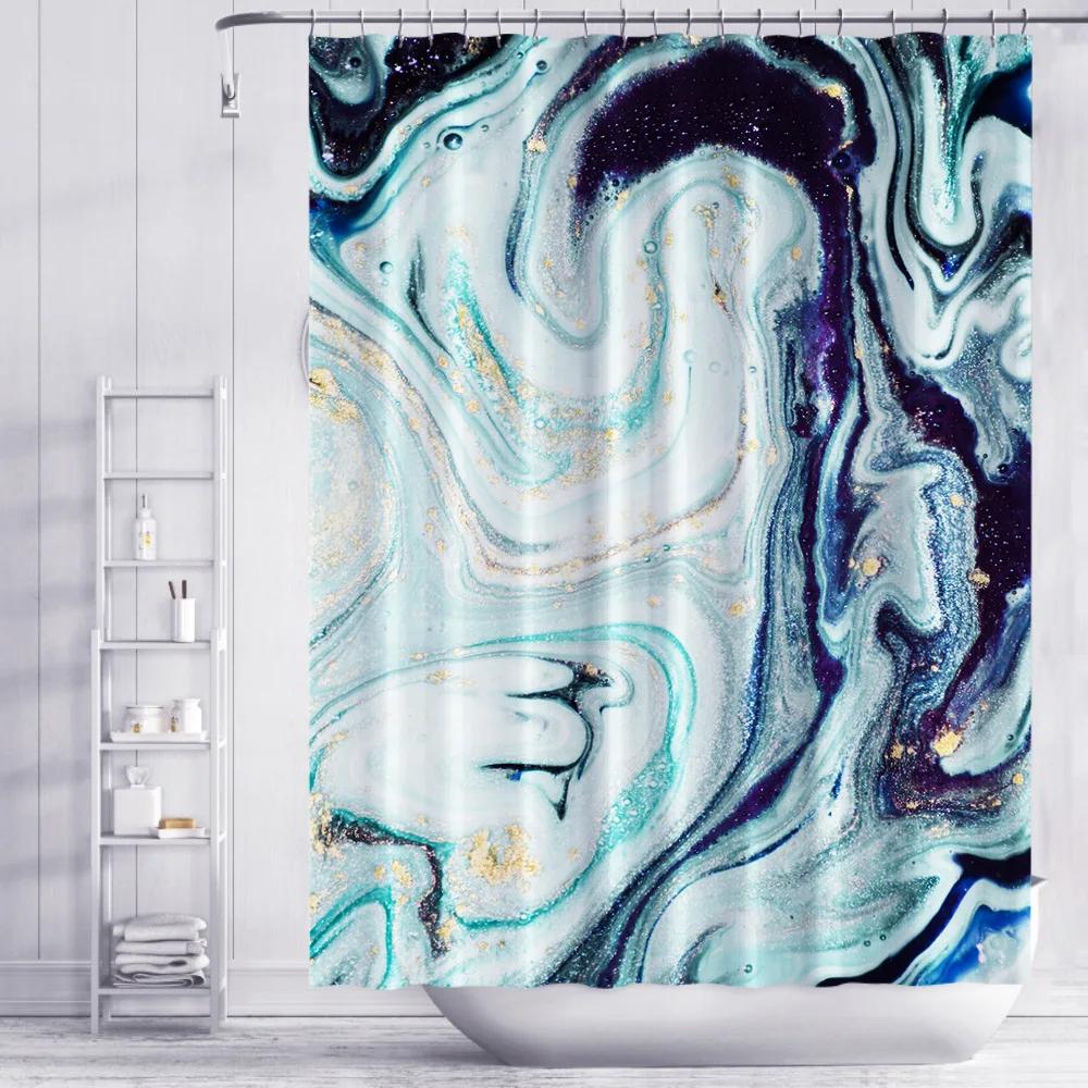 

Занавеска для душа Nordic Gradient Marble с синим золотом, 3D-печать, текстура, утолщение, водонепроницаемый полиэстер, занавески для ванной с крючками W90xH180cm