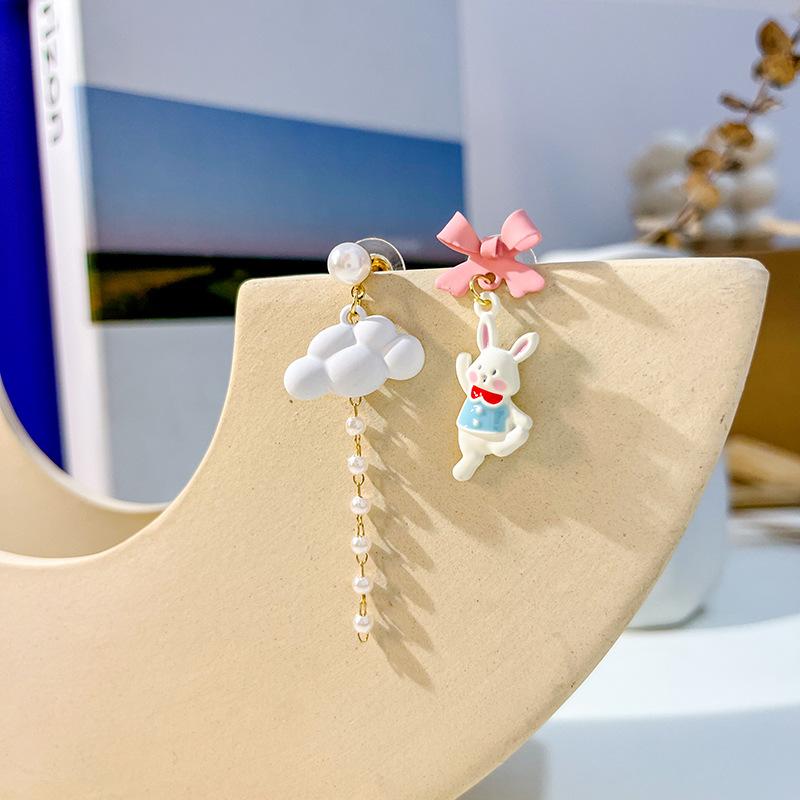 Korean Fashion Bow Cute Animal Kitten Dangle Earrings for Women Sweet Flower Rabbit Asymmetric Tassel Earrings Party Jewelry