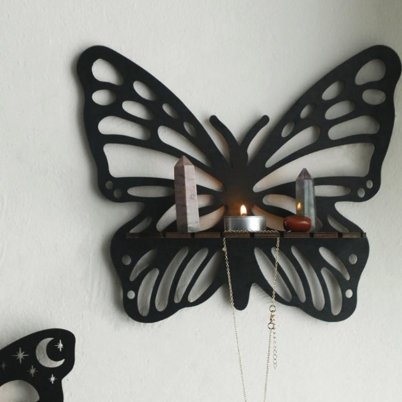 Black Hanging Shelf Crystal Holders Butterfly Shape Wood Cutout Floating Wall Shelves for Bedroom Living Room Decoration