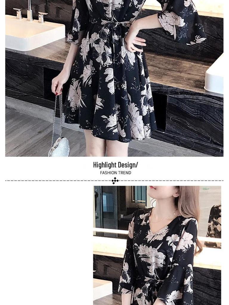Trendiges Sommer 2019 Blumenmuster Schlankmachendes Koreanischer Stil Kleid für Frauen und Studentinnen