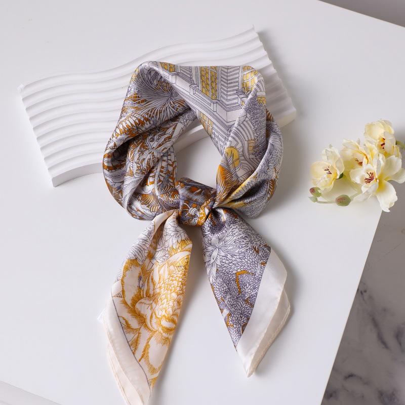 70cm Vintage Korean Style Silk Scarf: Versatile Faux Silk Neckerchief with Vintage Print for Women