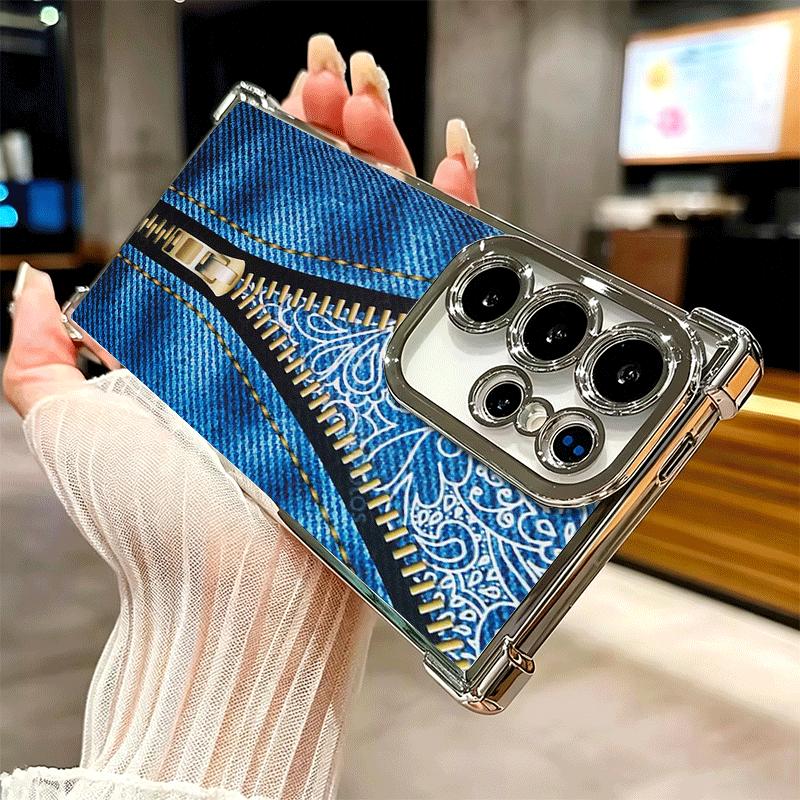 Retro Zipper Jeans Pattern Soft Phone Case For Samsung Galaxy S26 Ultra S25 Edge S24 FE S23 Plus S22 S21 + S20 Plating Anti-Fall