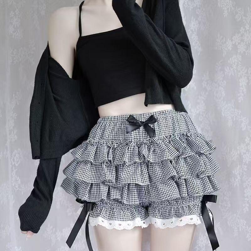 Pantaloncini Corti da Donna Bianchi e Neri con Volant Kawaii Fiocco in Pizzo Lolita Culotte Zucca Pantaloncini Sicurezza Carini Pantaloni Bloomers Vittoriani Vintage