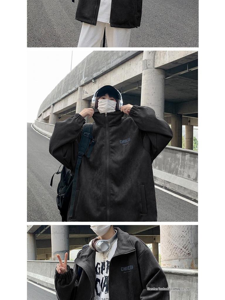 Men's Suede Fleece Retro Windbreaker: Spring/Autumn, Black, Wear-Resistant, Trendy Rogue Brand Jacket