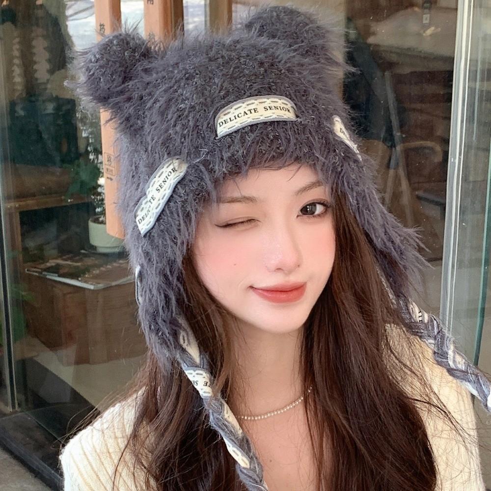 Cold Protection Warm Bear Ear Hat Thicken Knitted Bobble Cap  Women Accessories