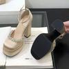 Luxury Crystal Design Chunky Platform Sandals Women Sexy Round Toe Super High Heeled Fashion Satin Ankle Strap Prom Pumps Female