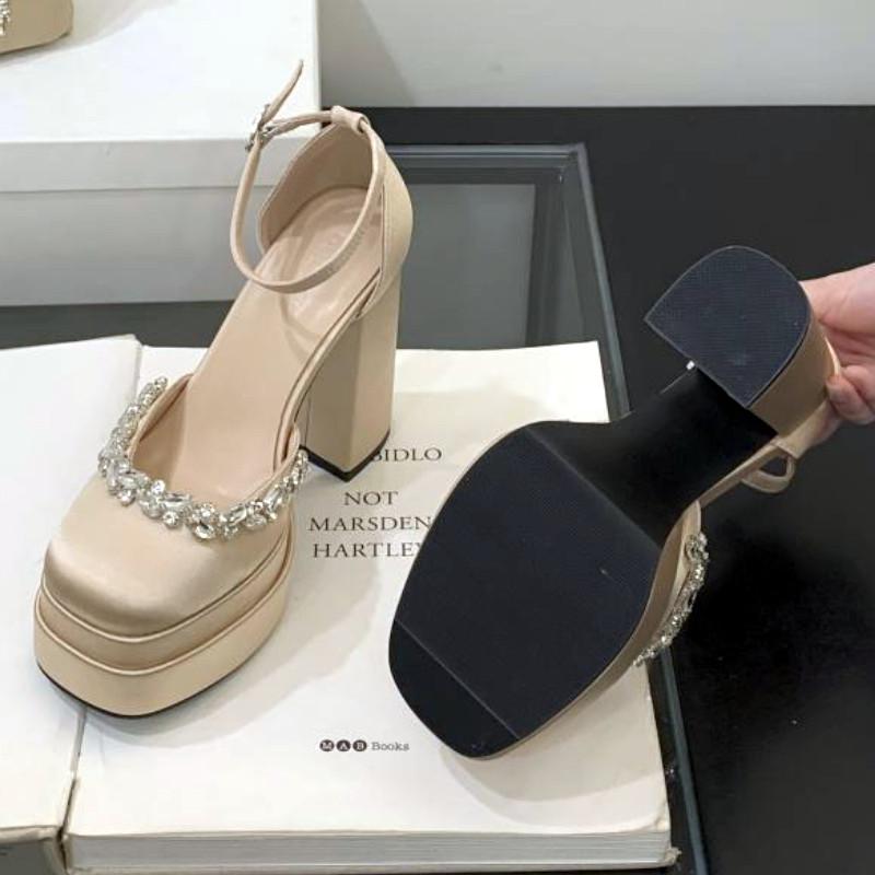 Luxury Crystal Design Chunky Platform Sandals Women Sexy Round Toe Super High Heeled Fashion Satin Ankle Strap Prom Pumps Female