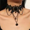 Retro Hollow Black Lace Necklace Medieval Style Lace Accessories Round Bead Pendant Clavicle Chain
