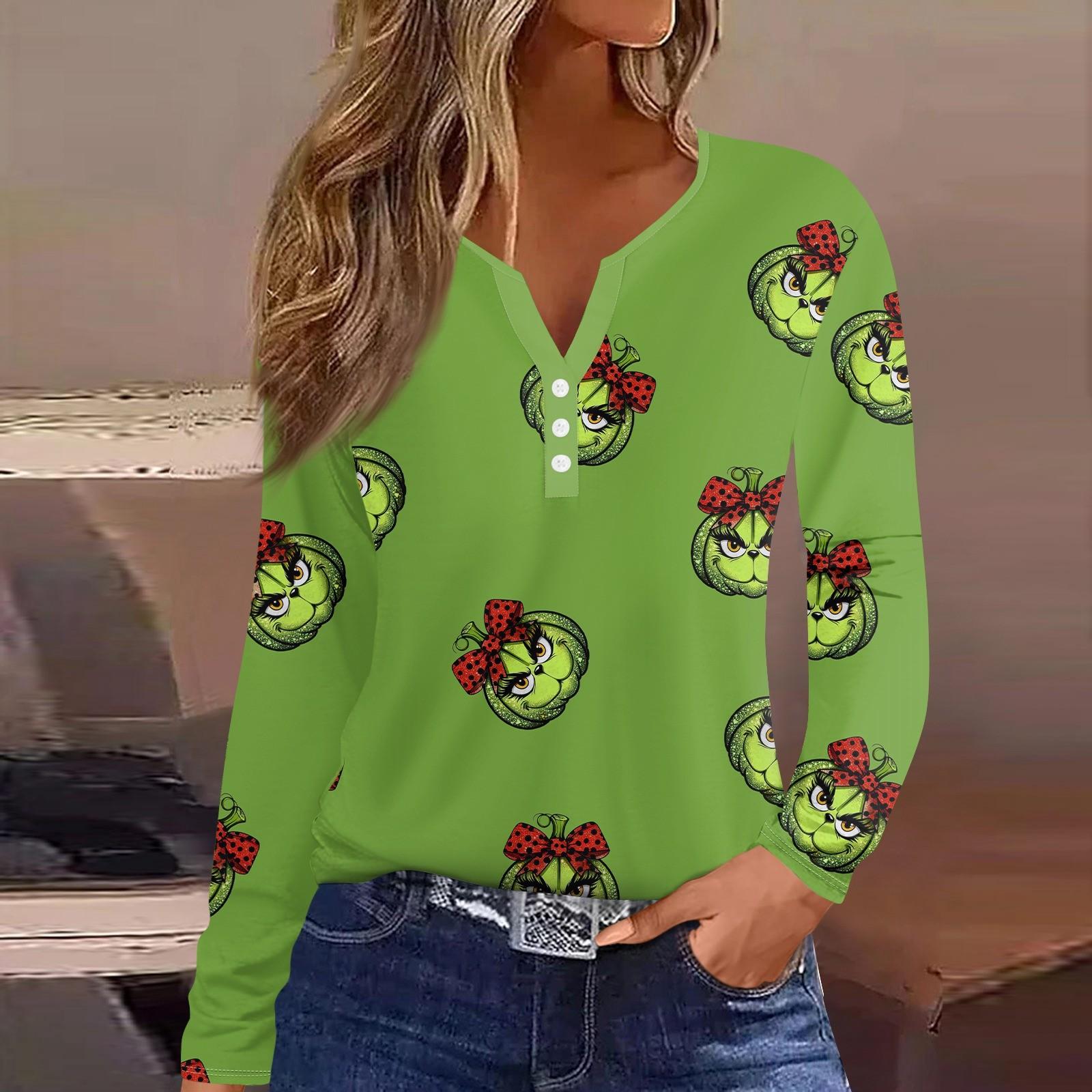 

Жіноча футболка з прямими плечима з різдвяним принтом, довгими рукавами, прямими плечима, V-подібним вирізом і ґудзиками L зелений