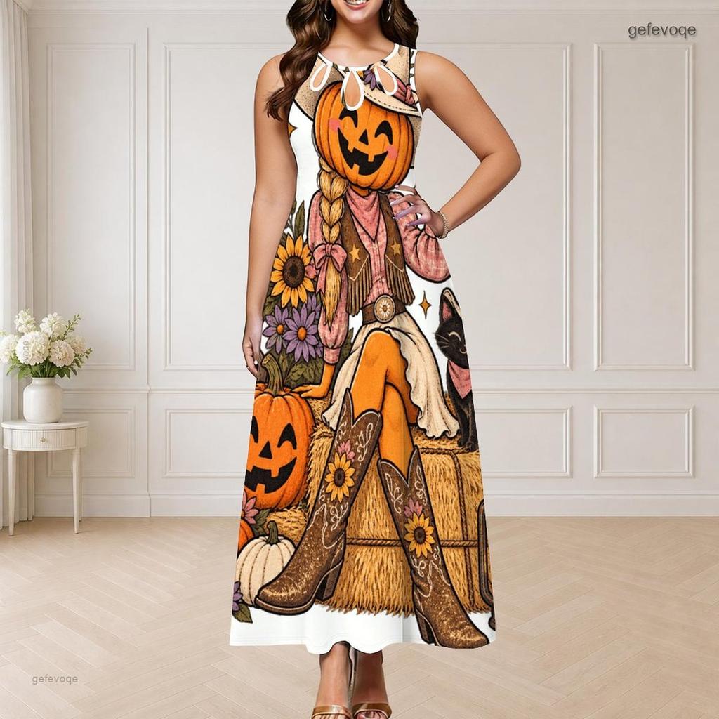 Women s Plus Size Round Neck Triple Keyhole Sleeveless Halloween Pumpkin Printed Long Dress