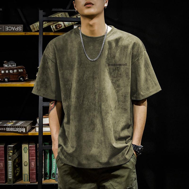 Fashionable Brand Pixie Letter Printed Suede T-shirt Men's Summer American Loose Casual Versatile Half-sleeved Shirt