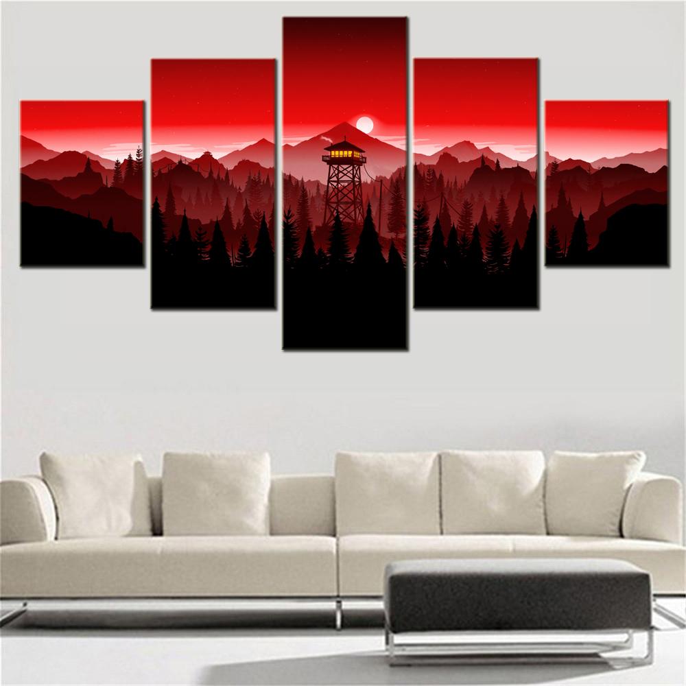 

5 Pieces Canvas Wall Arts Landscape Poster Painting Nature Firewatch Red Sky Wallpaper Home Decor Picture Printinrinting Artwork 20X35 20X45 20X55CM