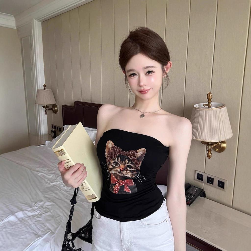 #Summer New Spice Girl Cartoon Kitten Print Tube Top Slim Fit Fixed with Chest Pad Comfortable and Versatile