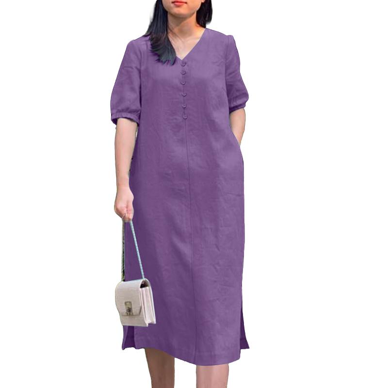 

ZANZEA Женское повседневное летнее платье с V-образным вырезом и коротким рукавом из хлопка фиолетовый