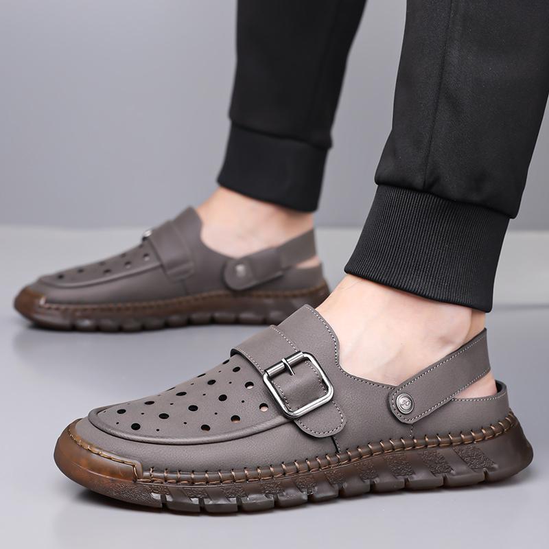 

Men Hiking Sandals Outdoor Black Grey Leather Shoes Wide Head Closed Toe Sport Sandals Summer Beach Shoes Large Size EU:48 сірий