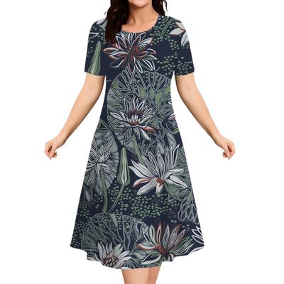 Summer Vintage Dresses Women Plant Flowers Round Neck Short Sleeve Loose Dress Casual 3D Printed Ladies New Retro Dress