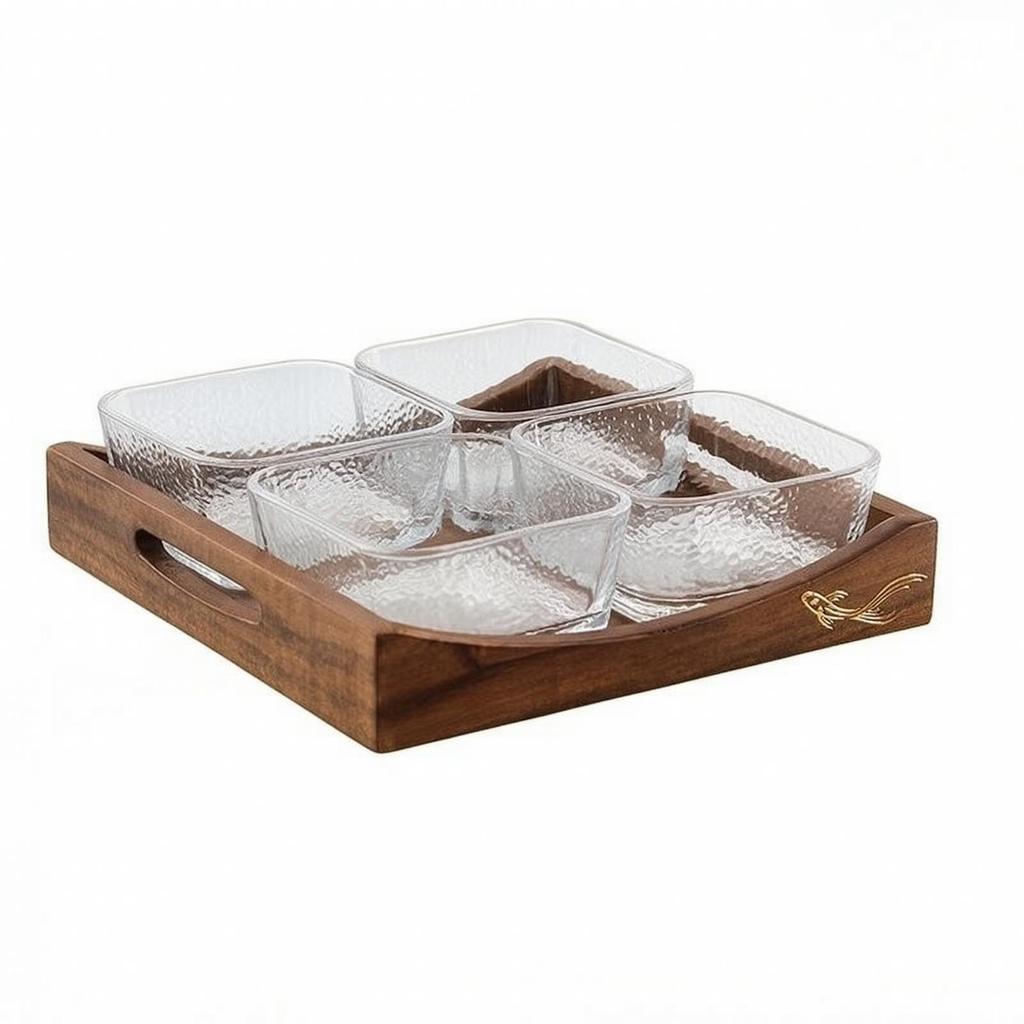 Getrennte Vorspeisenplatte mit Schalen | Walnuss, Holz Snack Tablett Glas