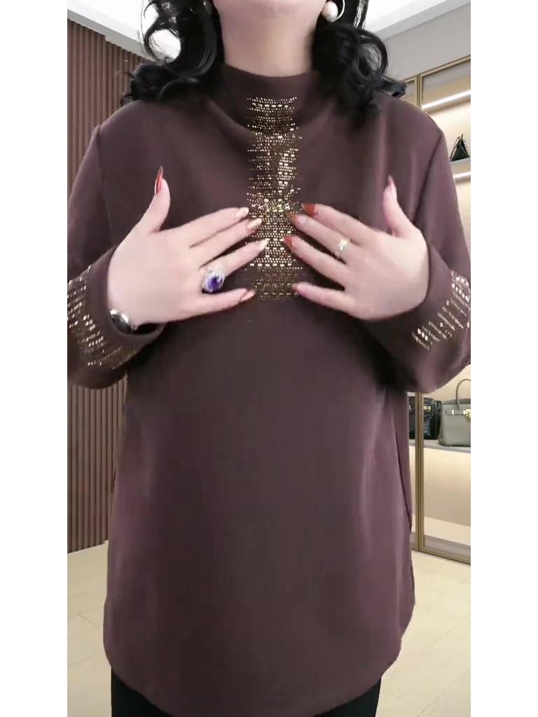 

Плюшевая водолазка со стразами: Роскошная базовая футболка на осень/зиму для женщин среднего возраста 5XL (200-220 lbs)