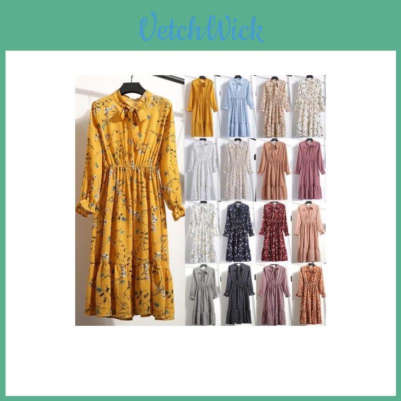 Elegante Abito Lungo Maxi Floreale in Chiffon a Maniche Lunghe da Donna per la Primavera 2018, Casual, da Festa, Vintage, Boho, in Colori Affascinanti