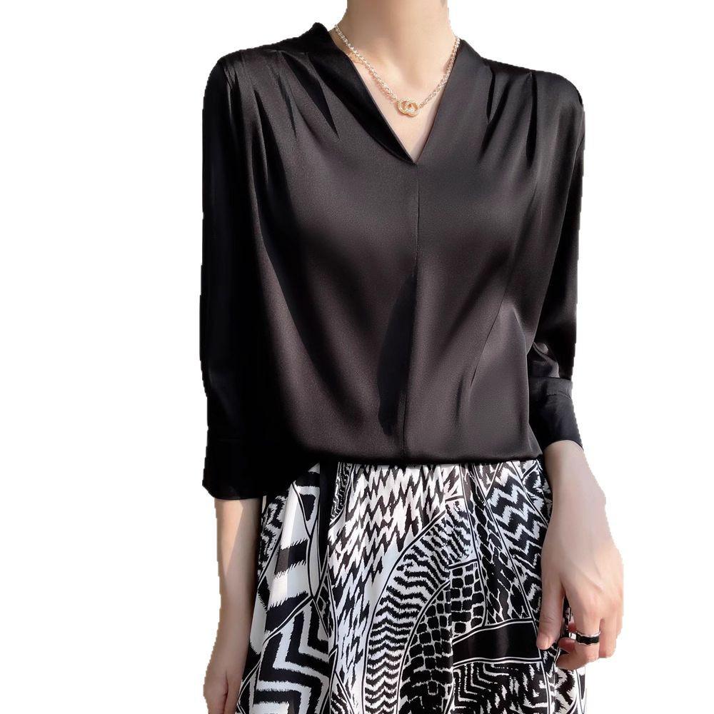 Top Estivo da Donna in Raso con Scollo a V e Maniche Lunghe