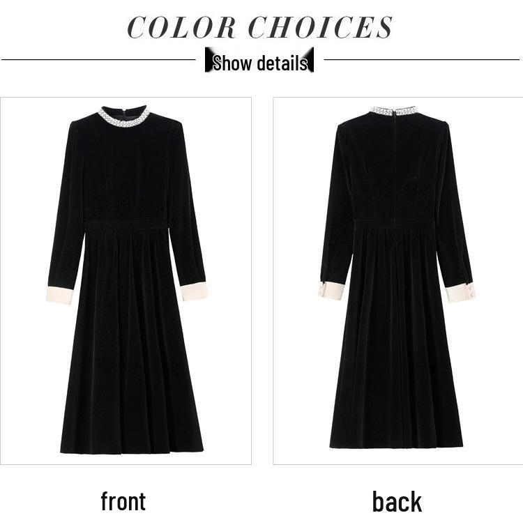 Hepburn Style Black Velvet Long Sleeve Dress - French High-End Autumn/Winter Women's Waist-Cinched Slimming Gown